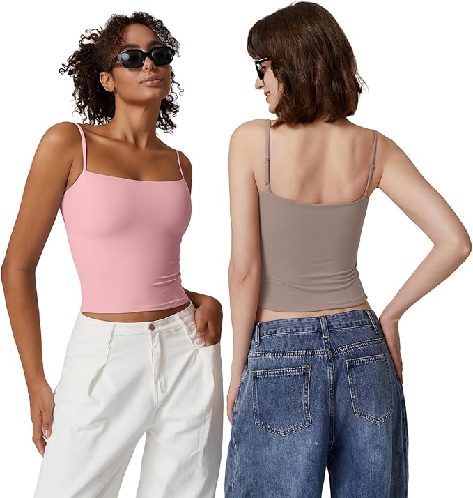 QINSEN Women's Double Lined Basic Tank Top Adjustable Spaghetti Straps Sleeveless Camisole Shirts