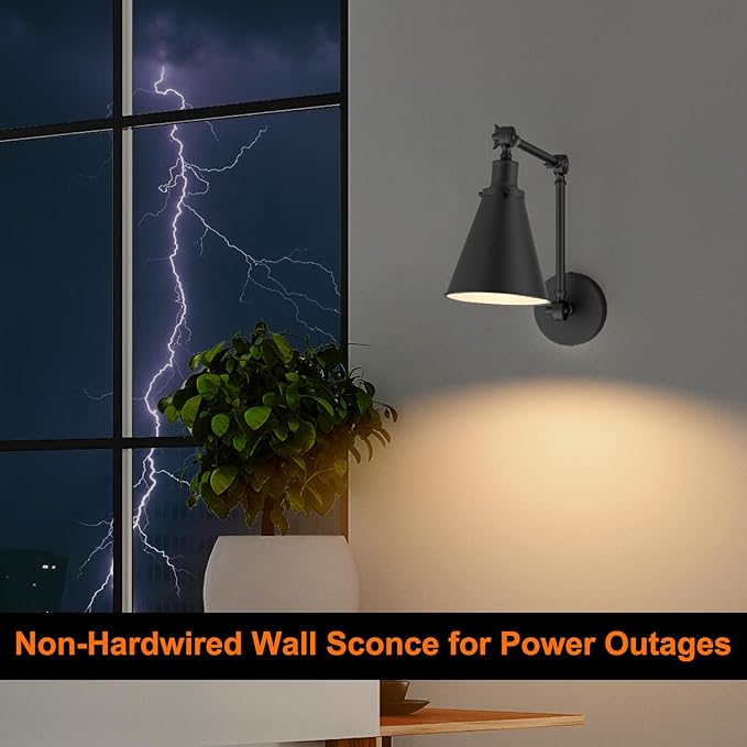 2-Pack Battery Operated Swing Arm Led Wall Sconces with Remote & 5500mAh Rechargeale Light Bulbs, 3-Color Dimmable Indoor Non-Hardwired Metal Wall Light for Bedroom Living Room Kitchen(Black)