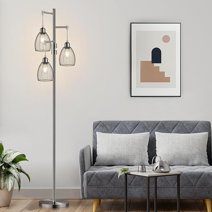 Dimmable Floor Lamp, Industrial Floor Lamps for Living Room, Brushed Nickel Tree Lamp Standing Lamp Tall Lamps with 3 Elegant Teardrop Cage Head & 800 Lumens LED Bulbs for Living Room Bedroom Office
