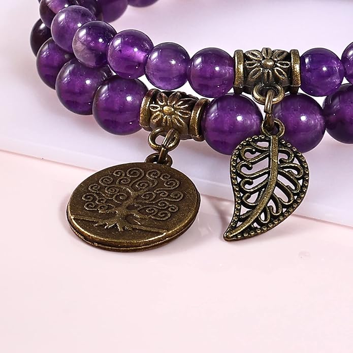 Bivei Natural Semi Precious Gemstone beads bracelet for women - Life Tree and Leaf Charm Energy Reiki Crystal Stretch Bracelets