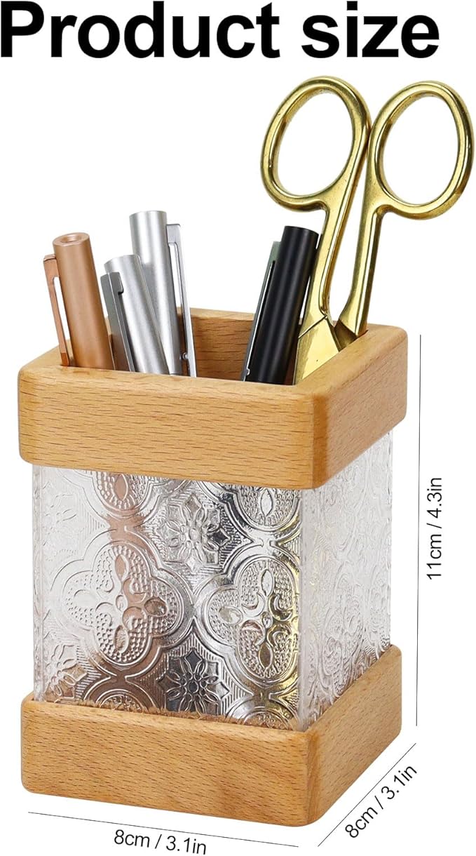 MultiBey Beech Wooden Pencil Holder, Clear Acrylic Wood Pen Holder, Modern Pencil Cup Organizer Stand Wood Desk Accessory Organizer for School Office Home Supplies