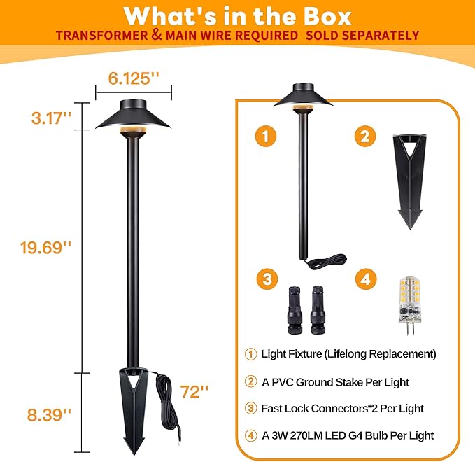 Outdoor Brass Pathway Lights - 12v Low Voltage Landscape Path Lighting Wired, LED Pathlight IP65 Waterproof, Hat-top Black for Outside Walkway Yard with 3W 270LM 2700K Warm White G4 Bulb