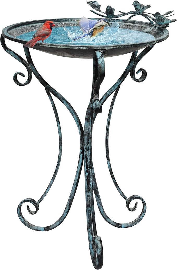 Solution4Patio 16.7" Metal Bird Bath with Perch - Rust-Resistant Outdoor Garden Decor, Shallow Wide Bowl & Foldable Stand for Birds/Plants