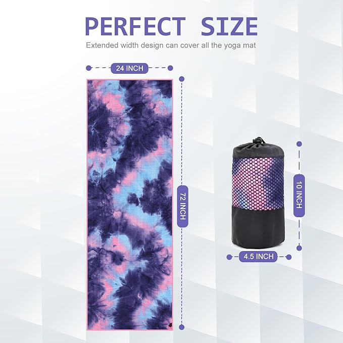 Eunzel Hot Yoga Towel - Microfiber Non Slip Yoga Mat Towel with Grip Dot Sweat Absorbent Towel for Hot Yoga, Pilates and Fitness 72" x 24", Purple & Blue/Pink