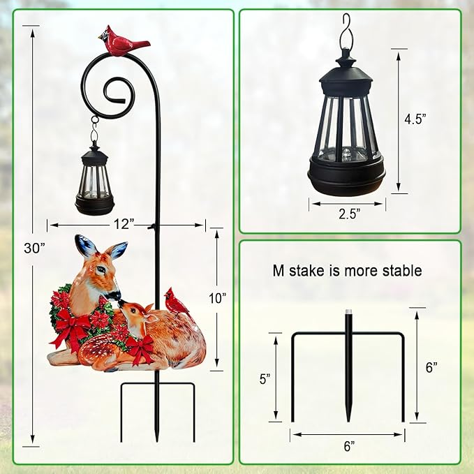 Deer Metal Garden Stake with Solar Lantern,Christmas Decorations Outdoor Waterproof Sloar Lights Outside,Doe and Fawn Outdoor Statue