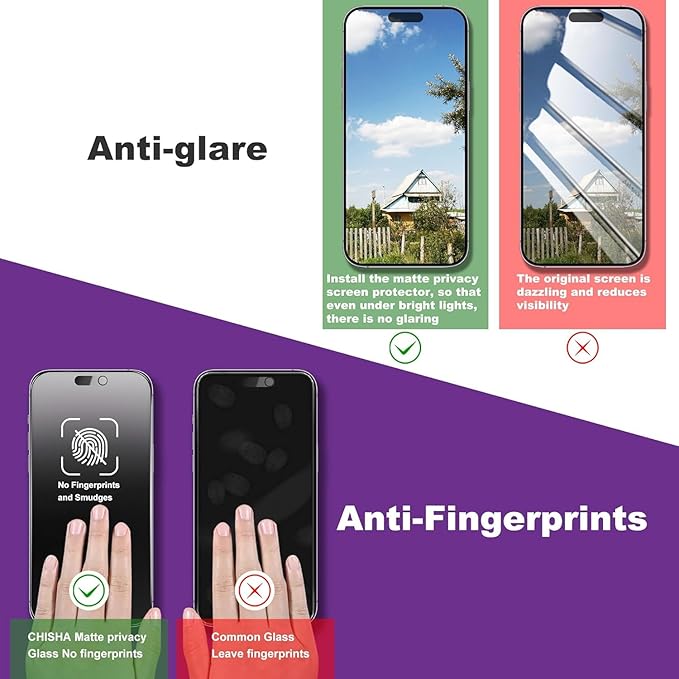 Matte Privacy Screen Protector for iPhone 17, iPhone 16 Pro 6.3-Inch, Auto Dust Removal, 9H Anti-Spy Tempered Glass Film, Full Cover, Anti-Fingerprint, Easy Installation, 2 Pack