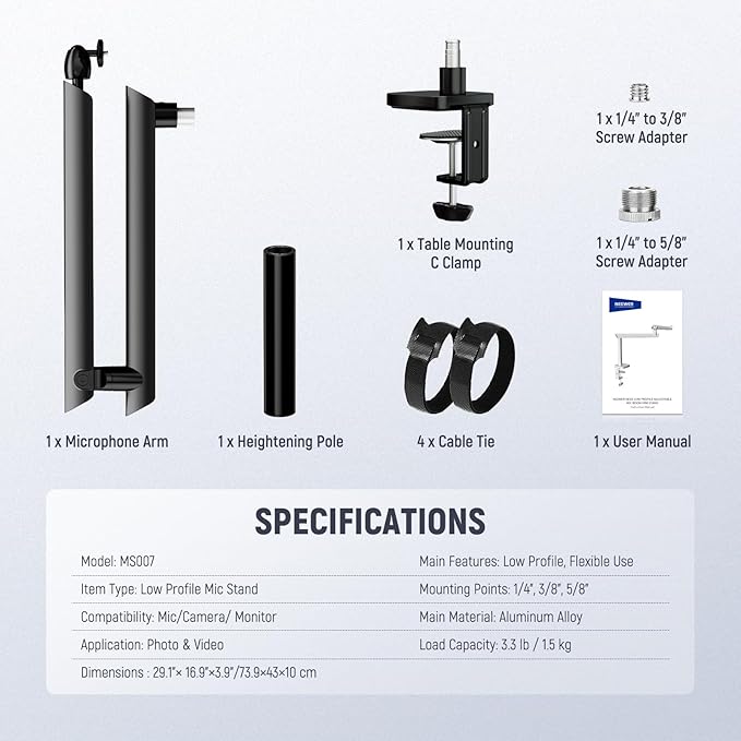 NEEWER Microphone Stand, Low Profile Damped Mic Holder Boom Arm Desk Mount with Ball Head & 3/8" 5/8" Adapters Compatible with Blue Yeti Snowball HyperX QuadCast SoloCast Shure, Max Load 3.3 lb, MS007