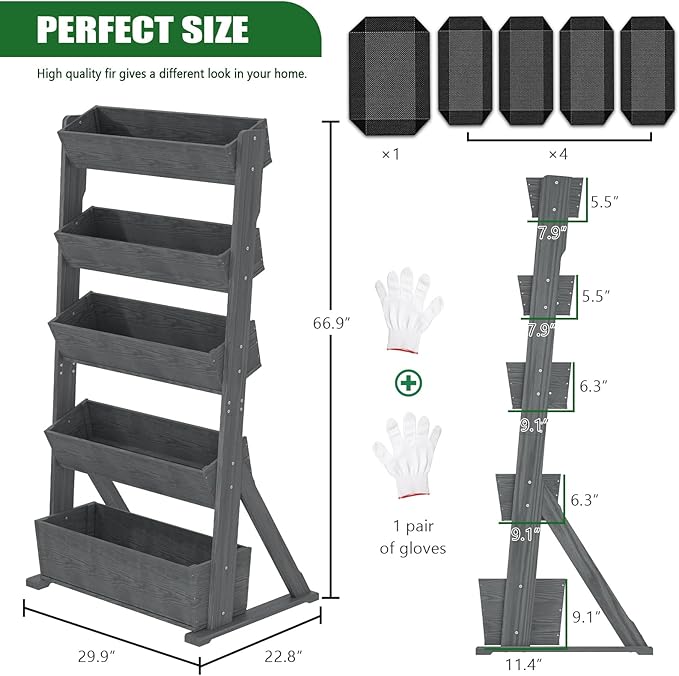 Wooden Vertical Raised Garden Bed, 5 Tier Garden Planters Raised Beds Freestanding Plant Stand Flower Rack Wooden Planter Box for Plants Herbs Flowers Vegetables Outdoor Indoor Gardening