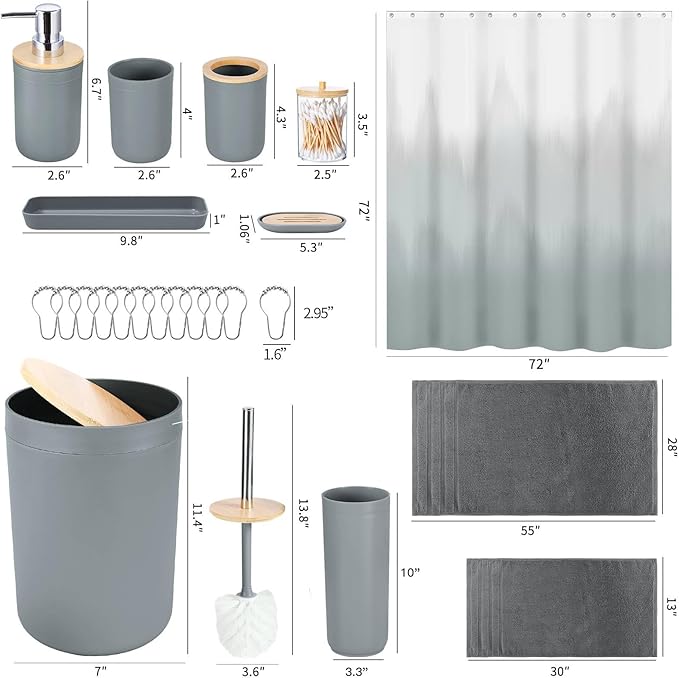 iMucci Bathroom Accessories Bathroom Sets with Shower Curtain, Bath Towel Set, Trash Can, Toilet Brush, Soap Dispenser, Bathroom Accessories Set Complete