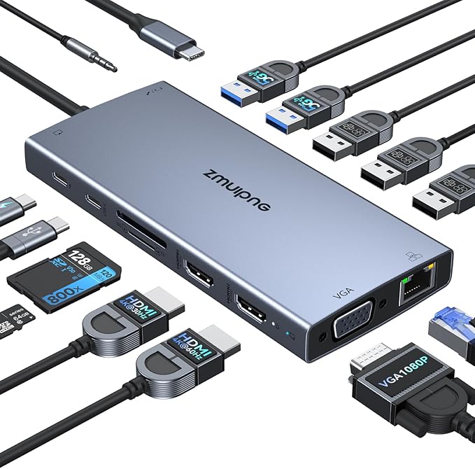 ZMUIPNG USB C Docking Station Dual Monitor 15 in 1 Laptop Docking Station Triple Display USB C Hub Multiple Adapter Dongle with 4K HDMI+VGA+USB Port+Button+PD+Ethernet for Dell HP Thinkpad Surface