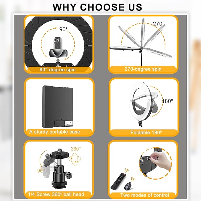 Ring Light Kit:18"/45cm Outer 55W6700k Dimmable LED Light, Tripod Stand, Remote Controller,Box for Camera,Smartphone,YouTube,TikTok,Self-Portrait Shooting,CRI90,Black