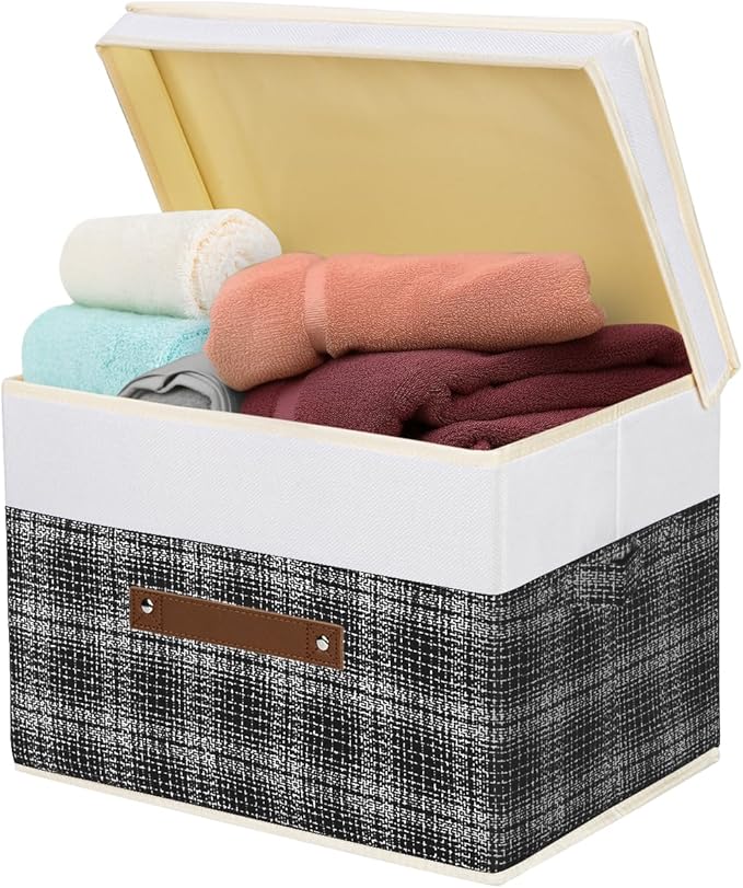 TYEERS Collapsible Storage Bins with Lids, Patchwork Design, Washable, Fabric Storage Boxes, 14.9x9.8x9.8 inches, 3 Pack, Black