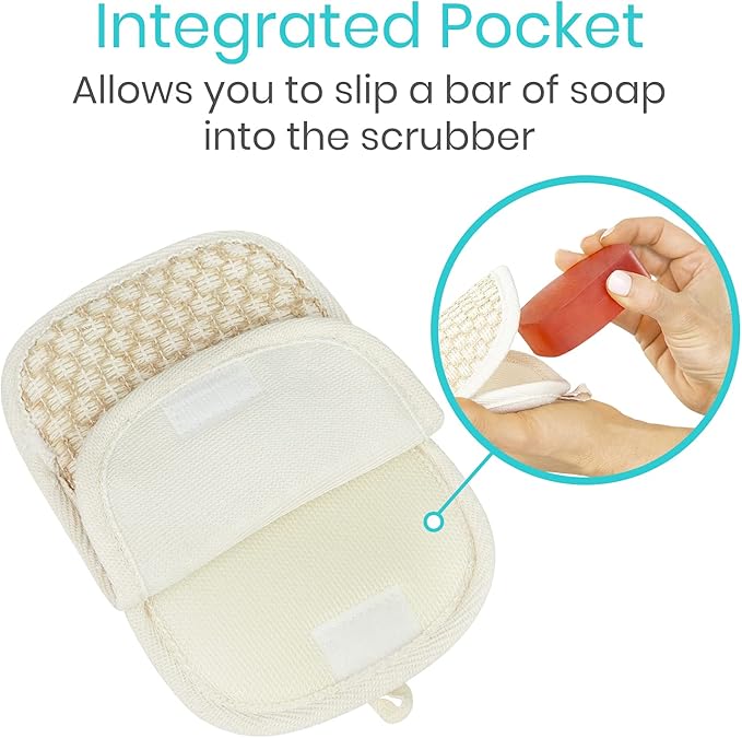 Vive Exfoliating Back Scrubbers for Use in Shower (3 Set) - Loofah Sponge Pads for Body with Handles, Deep Clean and Invigorate Your Skin for Men, Women and Elderly - Soft Luffa with Soap