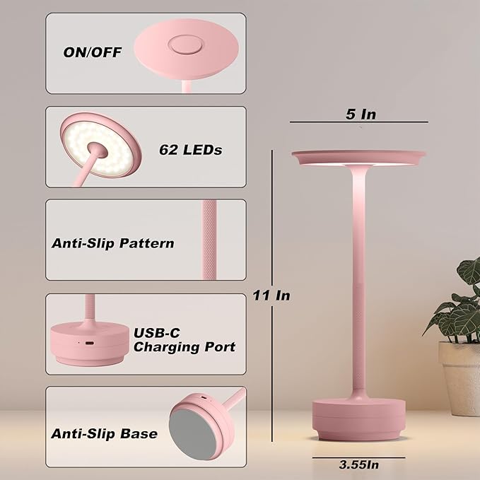 2 Pack Rechargeable Cordless Table Lamps, Portable 5000mAh Outdoor Table Light, 3 Color Stepless Dimming LED Table Lamp with Memory Function, for Home/Dinner/Patio/Restaurant.(Pink)