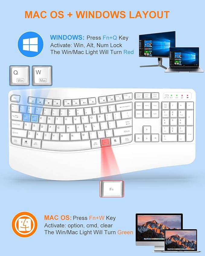 EDJO Ergonomic Wireless Keyboard for Large Hands, with Wrist Rest, Wave Keys, 2.4GHz Full Size Ergo Cordless USB Computer Keyboard, Comfortable Natural Typing, for Laptop, Mac, Windows (White)