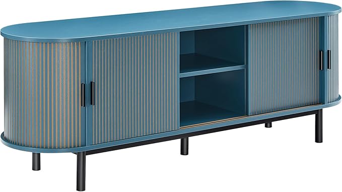 63" Fluted TV Stand for 65/70 Inch TV, Mid Century Modern TV Console with Sliding Doors, Curved Gaming Entertainment Center, Media Console for Living Room, Bedroom (Blue, 63inch-4doors)