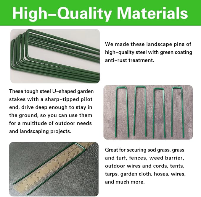 Bakulyor 100Pcs Green Landscape Staples 6 Inch Garden Artificial Turf Stakes Staples, 11 Gauge Lawn Galvanized Ground Fabric Pins for Weed Barrier Sod Decorations Holding Fence and Irrigation Tubing
