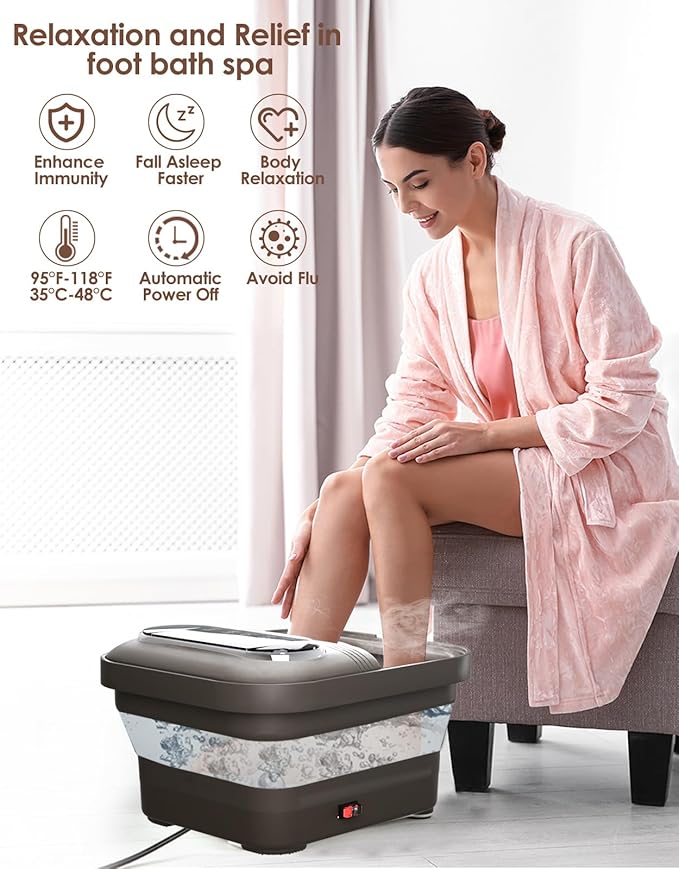 Collapsible Foot Spa with Heat, Bubble and Temp Control, Foot Bath Massager with XL Touch Screen and Massage Rollers, Foot Soaking Tub, Pedicure Foot spa for Stress Relief (Dark Grey +Green)