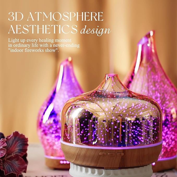 Porseme 500ml Essential Oil Diffuser 3D Glass Aromatherapy Ultrasonic Humidifier - Auto Shut-Off, Timer Setting, BPA Free for Home Hotel Yoga SPA Gift