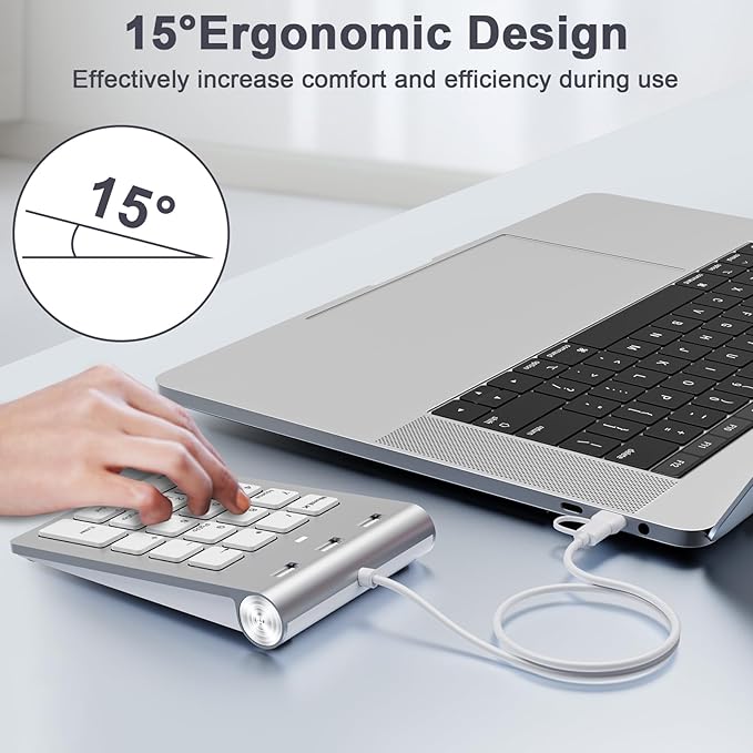 Wired Numeric Keypad with USB A/USB C, Multifunction Keys Number Pad with 3 Additional USB 2.0 Ports, 18 Keys, 15° Ergonomic Programmable Numeric Pad for Laptops, Notebooks, and Desktops