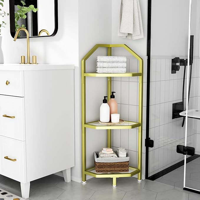 3-Tier Corner Shelf Stand, Gold Corner Bookshelf, Bathroom Storage Rack Shelf, Plant Rack, Tempered Glass, Steel Frame, Modern Style for Living Room, Bathroom, Kitchen, Metallic Gold