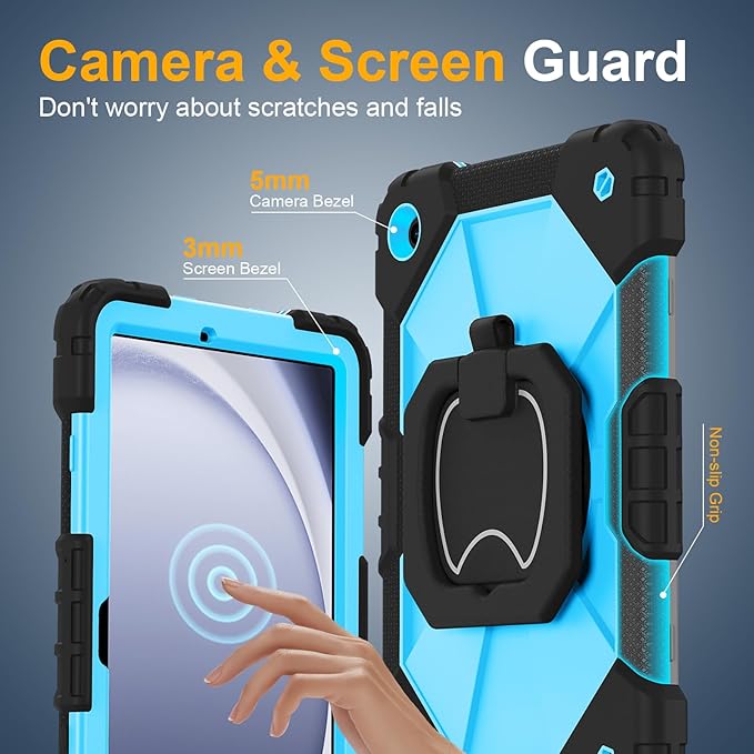 Case for Samsung Galaxy Tab A9 Plus 11 Inch 2023(SM-X210/X216/X218), Auorld Rugged Case for Samsung Galaxy A9+ Tablet with Screen Protector 360 Rotating Stand Shoulder Strap Pen Holder, Black Blue