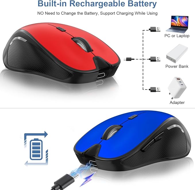Mouse for MacBook Wireless Bluetooth Mouse Laptop MacBook Air Mac Pro Rechargeable Silent PC iPad Optical Mouse with Jiggler Dual Mode Switch Bluetooth 5.2/3.0 and 2.4GHz USB Type-C Receiver Red