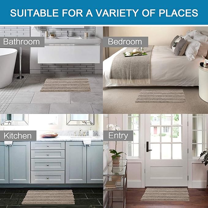H.VERSAILTEX Bathroom Rugs Bath Rugs for Bathroom Non Slip Bath Mats Extra Thick Chenille Striped Rug 17" x 24" Absorbent Soft Shaggy Washable Dry Fast Bath Mats for Bath Room Floor - Taupe