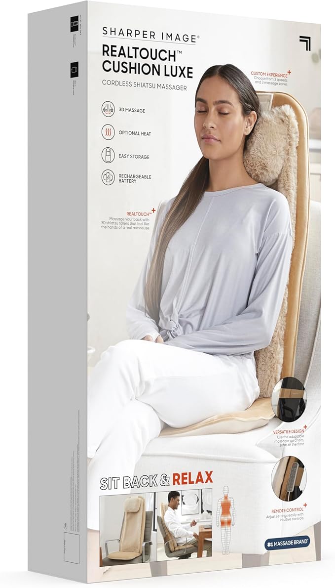 Sharper Image® Realtouch Cushion Luxe - Cordless Shiatsu Massaging Chair Pad| Heated Seat Topper & Remote Control| Heat & Vibration|Ultra-Soft Padding| Wireless Full Body Back & Shoulder Massager Gift