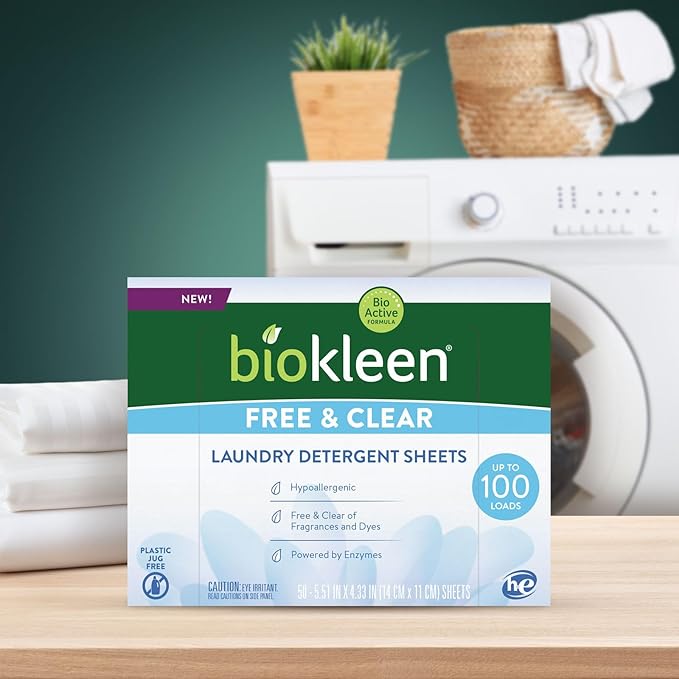 Biokleen Laundry Detergent Sheets - Dye & Fragrance Free, Hypoallergenic, Enzymatic Cleaner, Stain Remover, Bio Active Formula, No Plastic Jug, Unscented, 100 Loads