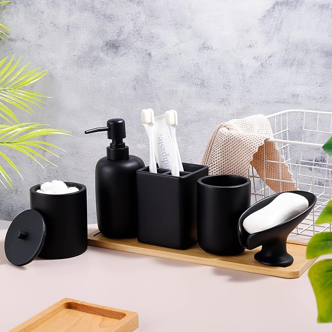 Resin Matte Black Bathroom Accessories Set of 5, Lotion Soap Dispenser, Bathroom Organizer Accessory, Toothbrush Holder, Self Draining Soap Dish and Bathroom Tumbler for Modern Home Decor