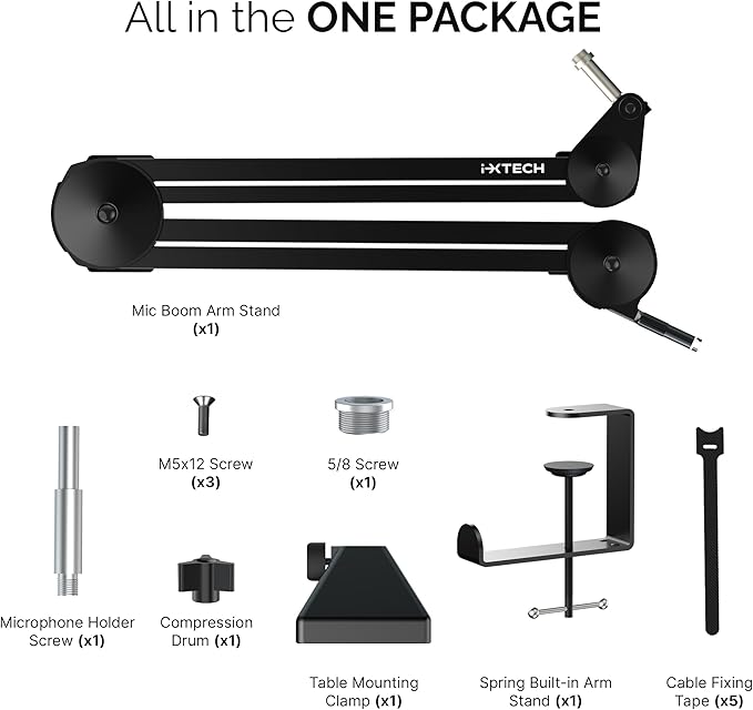 IXTECH Microphone Boom Arm Stand, Heavy Duty Adjustable Mic Stand with Cable Ties, Desk Mount Arm Stand for Gaming Streaming Podcasting.