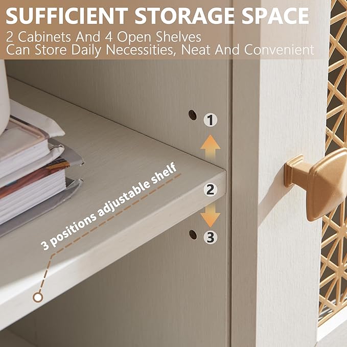 JYED Mid Century Modern TV Stand with Metal Mesh Doors and Open Shelf for 65" TVs,Antique White Media Console Wood Entertainment Center with Cable Holes for Living Room.59.06"x15.55"x20.87"