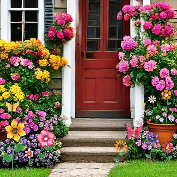 hogardeck Garden Decor for Outside, Set of 10 Metal Flowers Decorative Garden Stakes for Spring Decor, Yard Art Garden Decorations for Outdoor Lawn Porch Pathway (Multi-Color) (Color b)