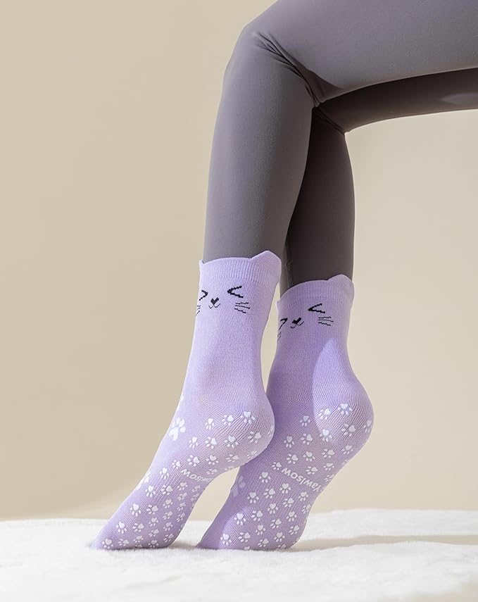 Yawlsow Pilates Grip Socks for Women Cute Yoga Grippy Non Slip Non Skid Cat Socks with Cat Paw Gripper for Barre Workout
