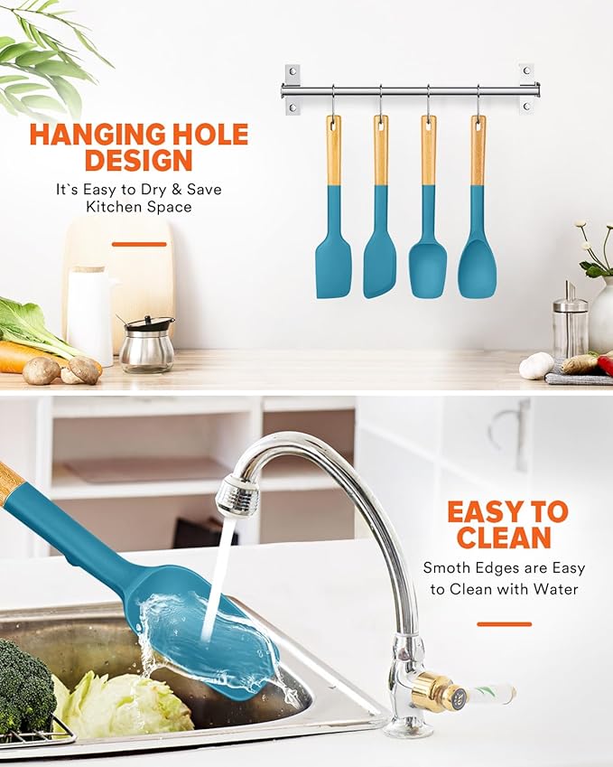 Silicone Spatula Spoon Set, Great for Mixing, Folding, Scraping, and Spreading, Sturdy BPA-Free Matte Silicone, Wooden Handle Rubber Spoonula for Nonstick Cookwares,4 Pack (BLUE)