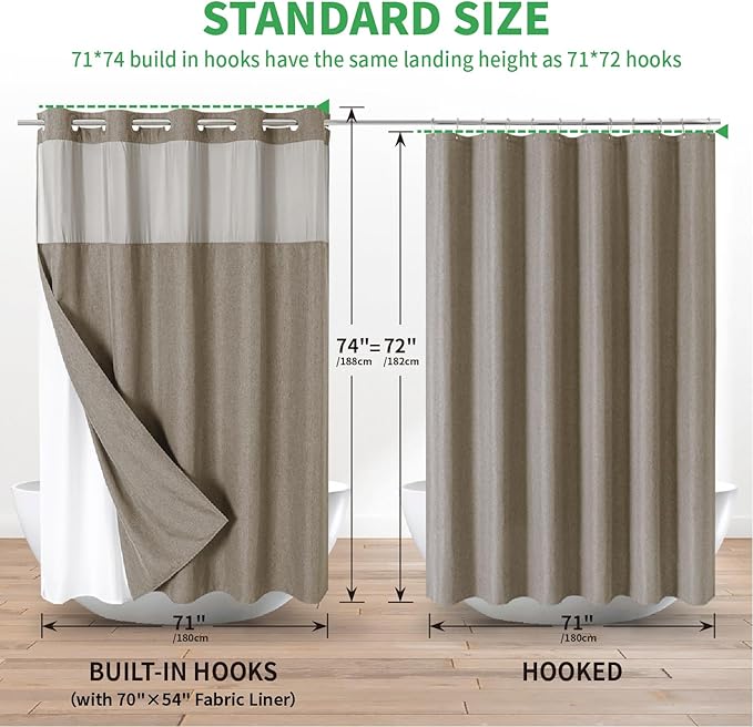 No Hooks Needed Linen Textured Shower Curtain with Snap-in Fabric Liner Set,Hotel Luxury Decor Shower Curtains for Bathroom with Mesh Top Window,Waterproof & Washable,71Wx74H,Khaki/Tan