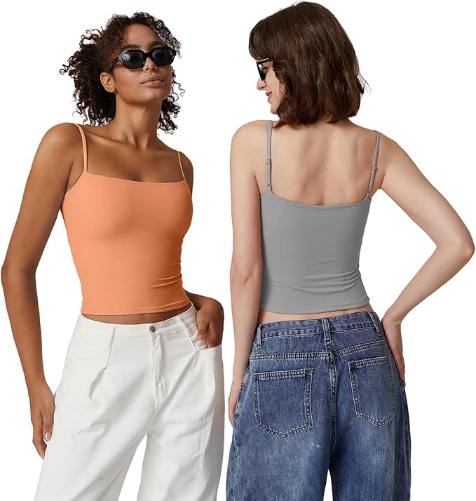 QINSEN Women's Double Lined Basic Tank Top Adjustable Spaghetti Straps Sleeveless Camisole Shirts