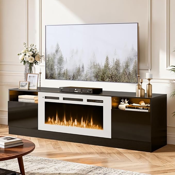 70" TV Stand with 36" Electric Fireplace, Large Modern Media Entertainment Center with Storage Cabinet and 12 Colors LED Lights for TVs Up to 80",Black & White