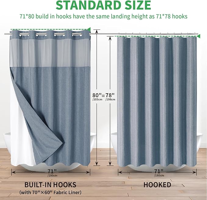 Long No Hooks Needed Linen Textured Shower Curtain with Snap-in Fabric Liner Set,Blue Grey Hotel Luxury Decor Shower Curtains for Bathroom,Waterproof & Washable,71Wx80H