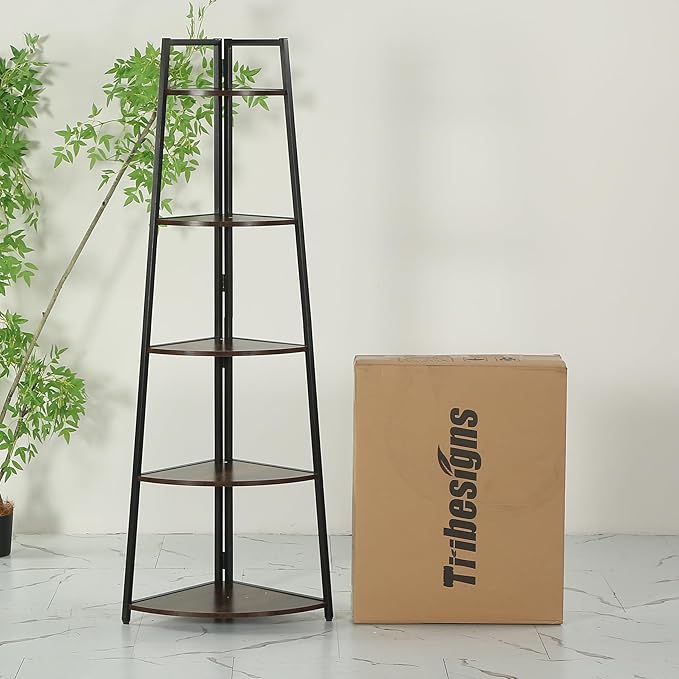 Tribesigns 70 inch Tall Corner Shelf, 5 Tier Rustic Corner Bookshelf Bookcase Industrial Corner Ladder Shelf Plant Stand for Living Room, Kitchen, Home Office (Brown)
