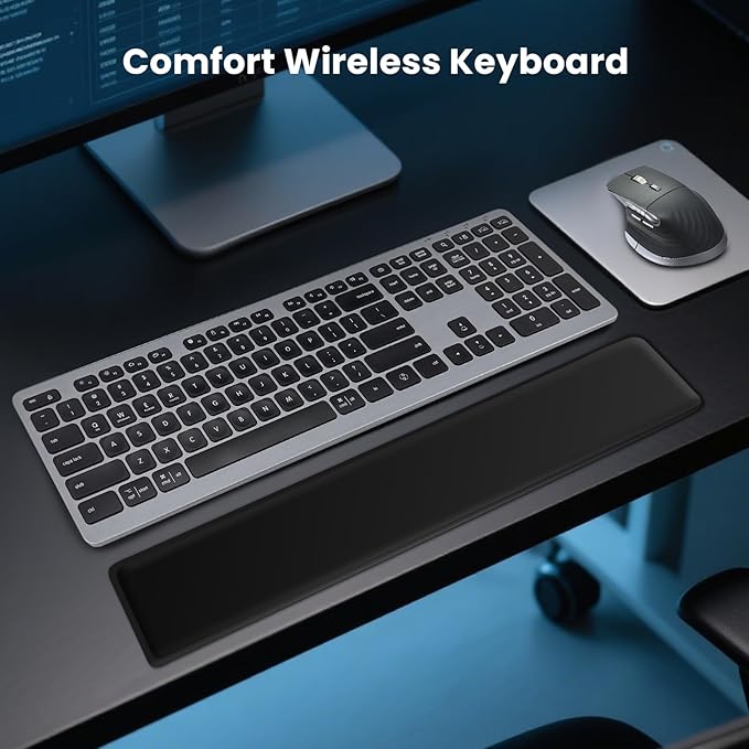 Wireless Keyboard, Bluetooth Keyboard with Leather Palm Rest, Backlighting, Multi-Device Pairing, USB C Rechargeable, for Windows, Mac, iOS, Android, Chrome, Office, Students, Long Hours Typing
