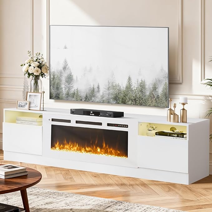 80” TV Stand with 36” Electric Fireplace, Large Modern Media Entertainment Center with Storage Cabinet and 12 Colors LED Lights for TVs Up to 90",All Black