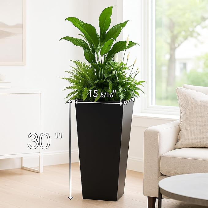 Kozyard 30" Hx15.4 Lx15.4 W Tall Taper Black Metal Planter Flower Plant Pot Indoor Outdoor Planters Steel Flower Pot All-Weather Use with 2 Partition Panels for for Trees, Plants Flowers