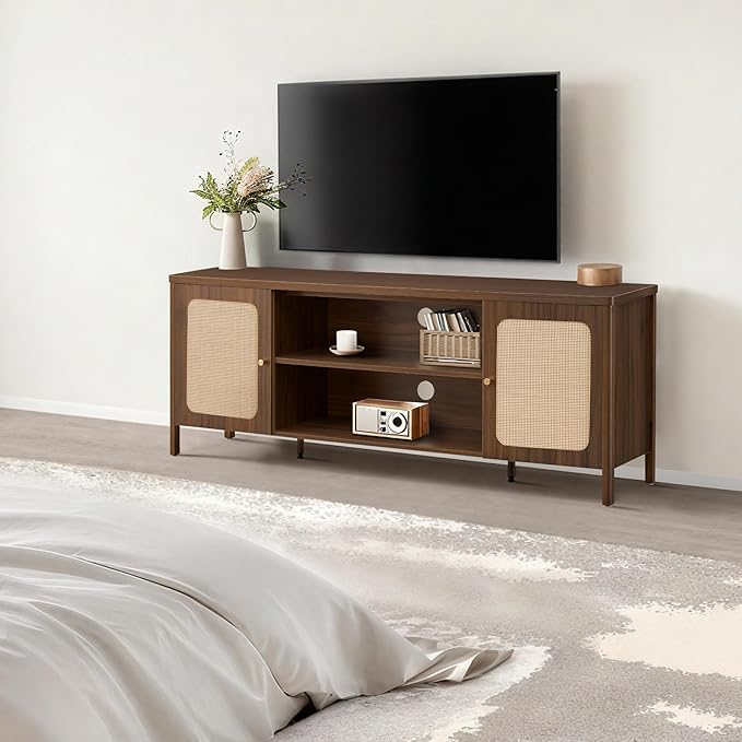 Rattan TV Stand for TVs up to 75'' Boho Entertainment Center with Adjustable Shelf Television Stand with 2 Storage Cabinets Media Console Wooden TV Cabinet for Living Room Bedroom,Walnut