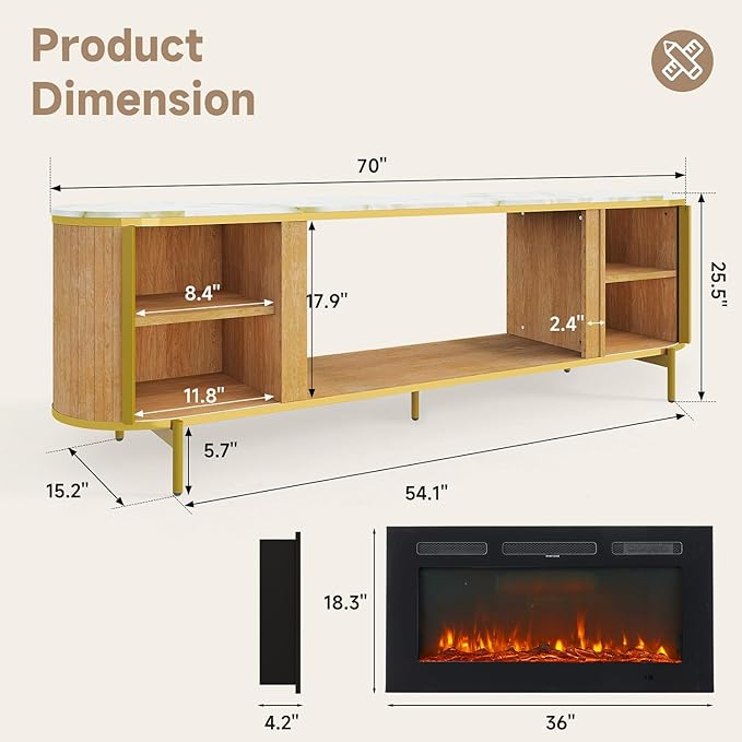 Luxury 70" Fluted Fireplace TV Stand, Modern Chic Entertainment Center for TVs Up to 80", TV Console for Living Room, Media Cabinet with Storage,70 Inch, Oak