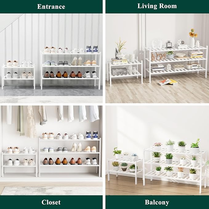 Smiry Shoe Rack, 3 Tier Long Bamboo Shoe Organizer, Stackable Free Standing Wooden Shoe Storage Shelf for Closet, Entryway, Front Door Entrance, White