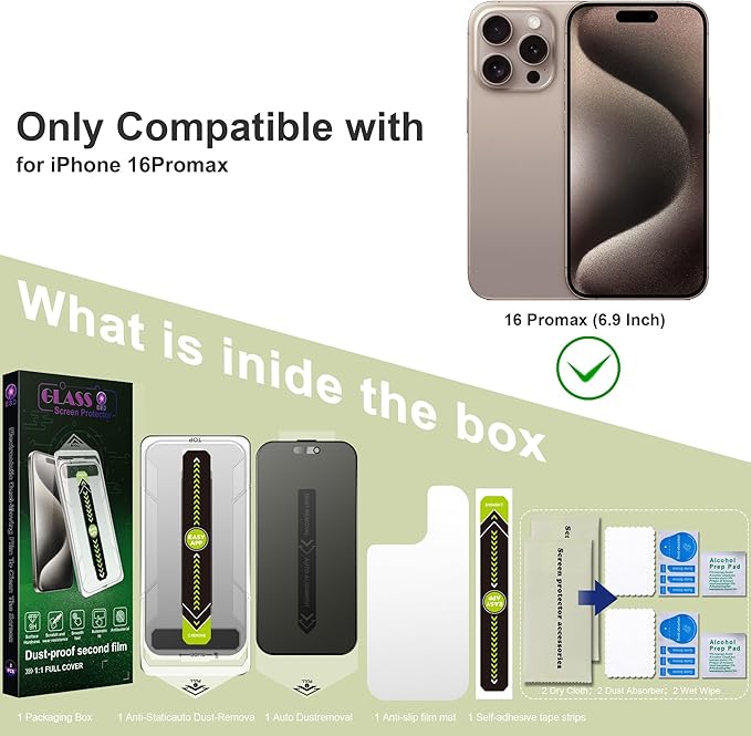 (2-Pack Matte Privacy Anti-Spy Screen Protector for iPhone 16 Pro Max (6.9-Inch),9H Tempered Glass,Anti-Glare,Full Coverage,Anti-Fingerprint,Auto Dust Removal,Bubble-Free