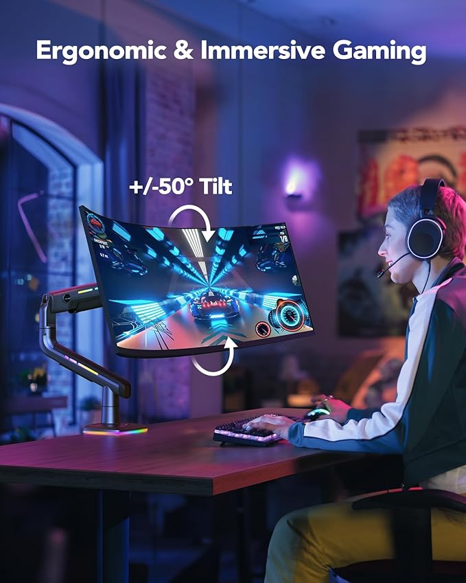 HUANUO RGB Monitor Arm for Ultrawide Screens up to 49″, Heavy-Duty Single Mount Holds 44 lbs, Fully Adjustable Gaming Monitor Arm with C-Clamp & Grommet Base, Max VESA 100 x 100mm