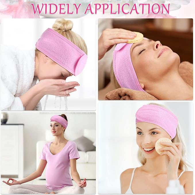 Hoteam 30 Pack Spa Headband Facial Esthetician Hair Wrap for Women Adjustable Makeup Sports Shower Stretch Towel with Tape(Pink)